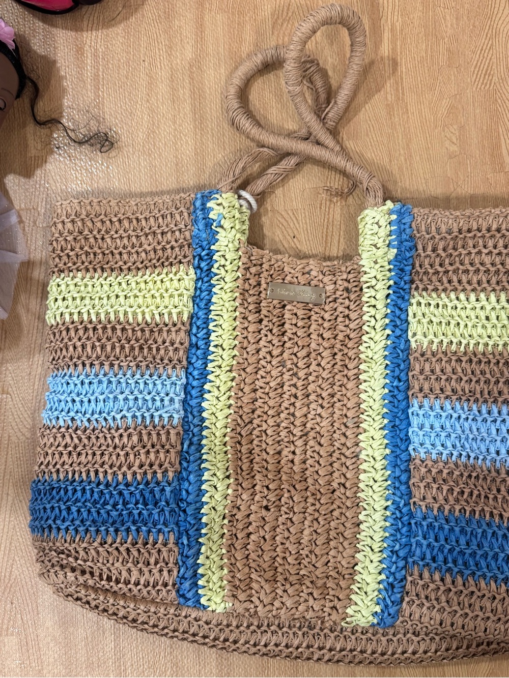 Woven Straw Tote with Blue and Yellow Stripe Accents